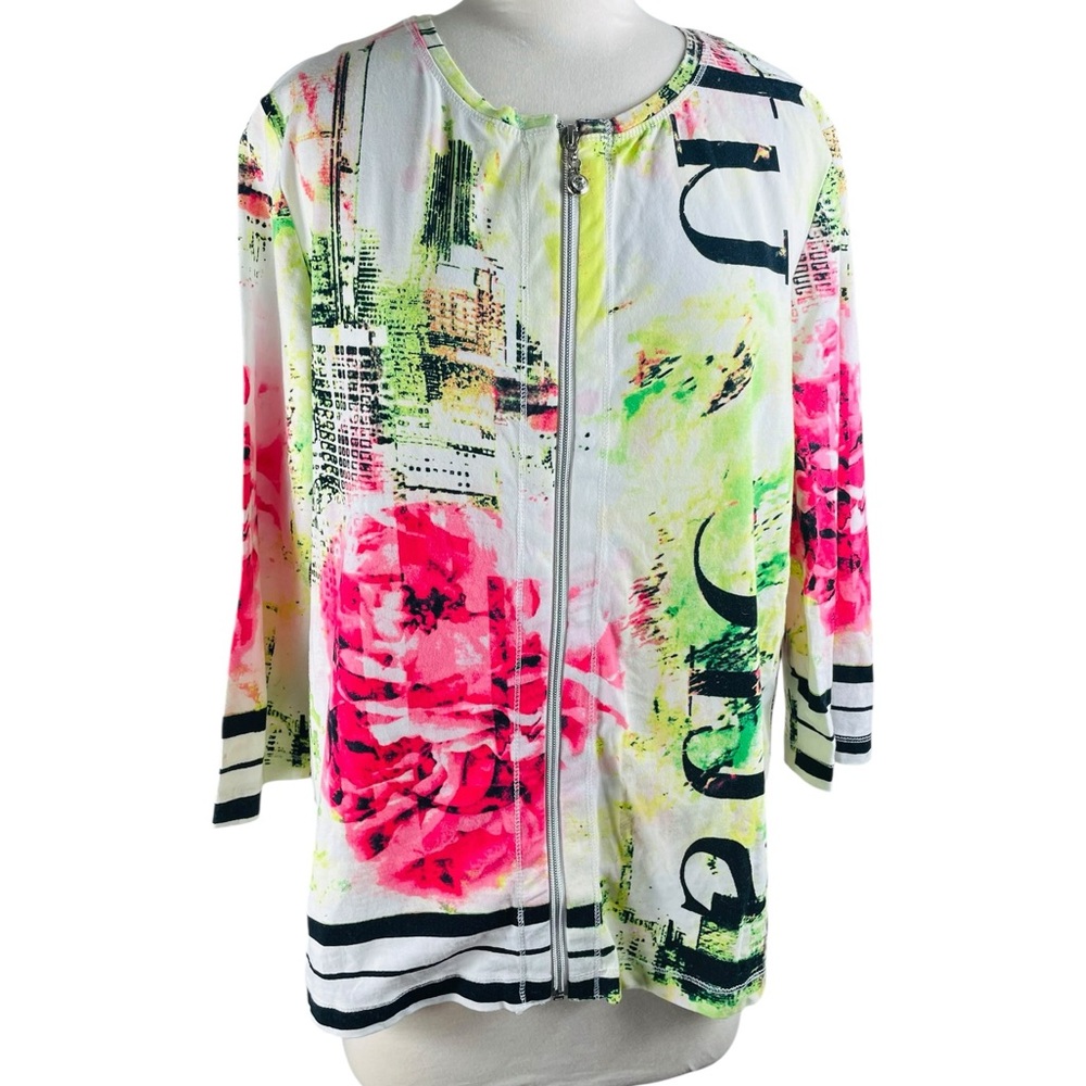 Onque Casuals Colorful‎ Artsy Graphic 3/4 sleeves, Zip-Up Jacket, Size Large